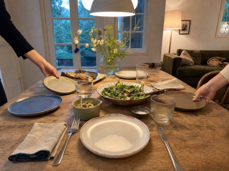 A dinner table set at home in warm evening light
