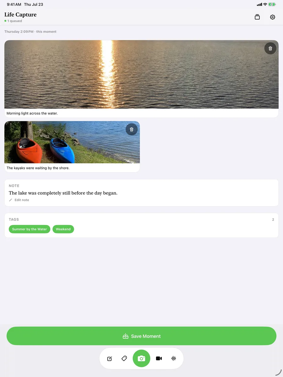Life Capture Pocket on iPad showing the Moment Canvas in a larger layout