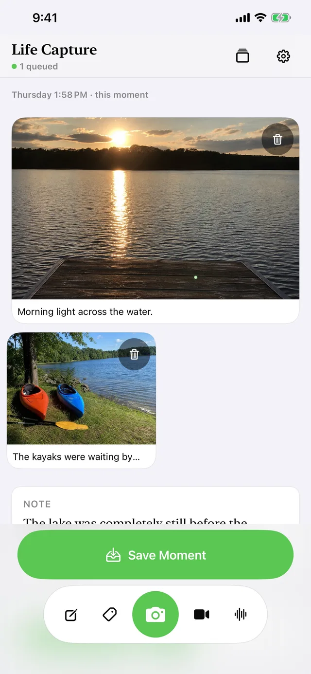 Life Capture Pocket on iPhone showing the Moment Canvas with a captured photo and its context