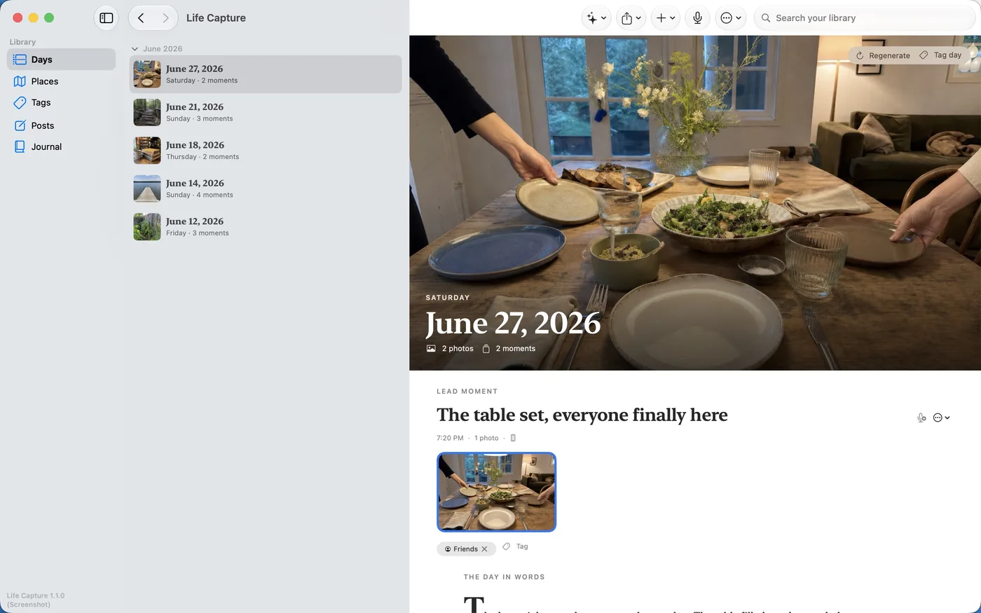 Life Capture Studio on Mac showing a day with its Moments and the day's written story