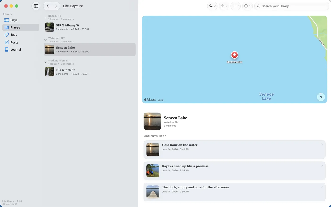 Studio's Places view: Moments arranged on a map by where they happened